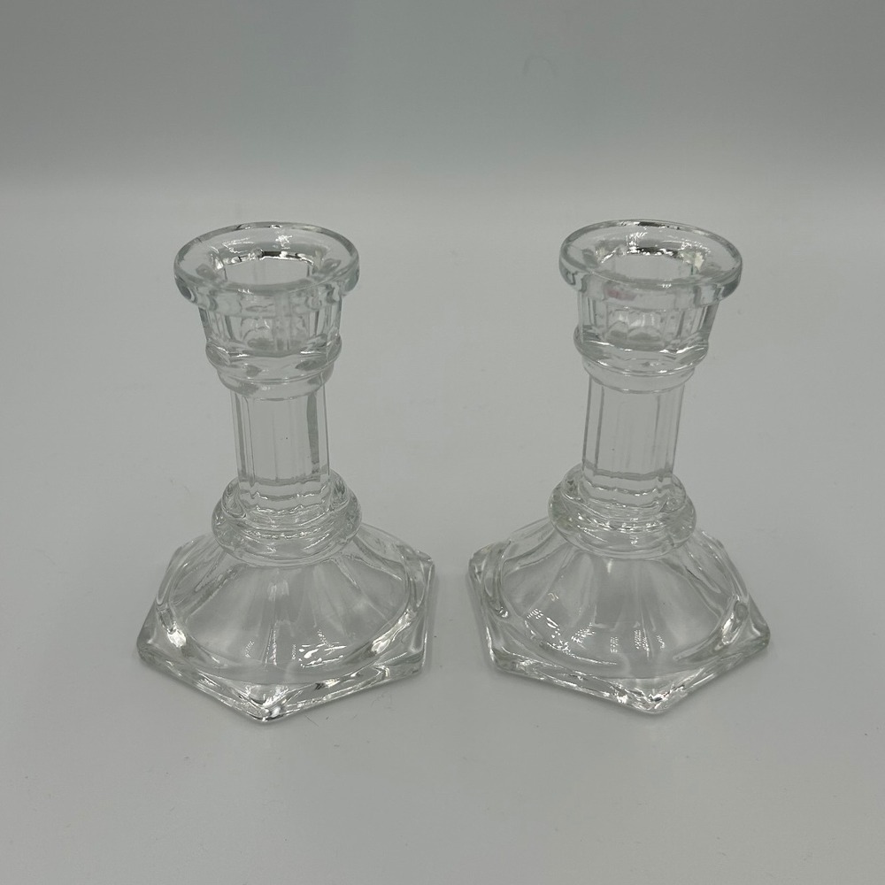 Vintage Clear Pressed‎ Glass Hexagon Base Taper Candlestick Holders Pair 4 Inch